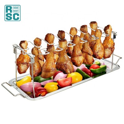 Stainless Steel Chicken Leg Wing Rack Grill Rack 14 Slot Roaster Stand for Chicken Legs, Wings with Drip Tray for Grill